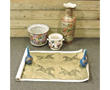 A pair of Japanese blue glazed vases, 25cm high, together with a Chinese planter, another, a large vase, 60cm high, and a sig