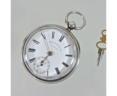 A silver cased pocket watch, the white enamel dial inscribed Thos Russell & Son, Liverpool, 5cm