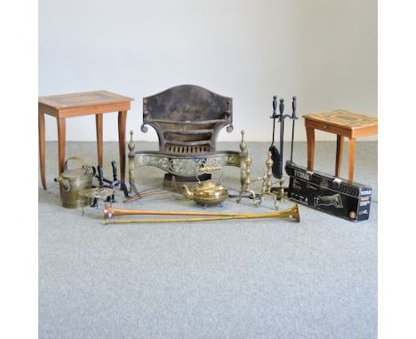 A fire grate, 62cm, together with fire dogs, tools and metalwares