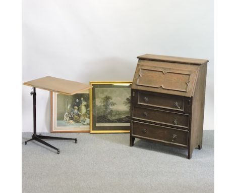 An early 20th century oak bureau, 73cm, together with a pair of ladder back chairs, an inlaid magazine rack, a bed table and 