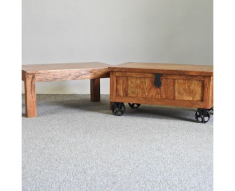 A sheesham coffee table, 90 x 61cm, together with a hardwood trunk 