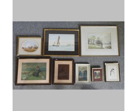 Ethel K Burgess, 20th century, landscape with sheep, watercolour, 25 x 35cm, together with three others by the same hand and 