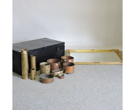 A World War II black painted metal trunk, 89cm, together with a rectangular gilt framed wall mirror and a collection of metal
