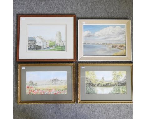 R H Charles, 20th century, St Gregory's church, Sudbury, watercolour, 24 x 34cm, together with three other pictures (4)