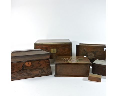 A Regency rosewood tea caddy, of sarcophagus form, 34cm, together with a writing slope and other boxes
