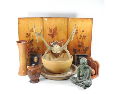 A collection of wooden items, to include a ciment fondu sculpture by Mary Staniforth, 'Repose', a tobacco jar, fire screen, 5