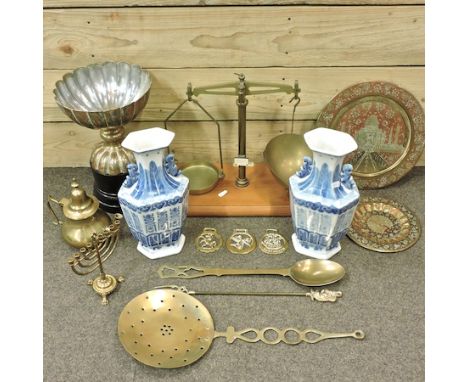 A pair of blue and white vases, 30cm high, together with a collection of metal wares, to include scales and centrepiece
