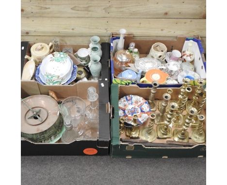 Four boxes of glass, ceramics and metal wares to include Clarice Cliff, Wedgwood and Denby, together with two 19th century bo