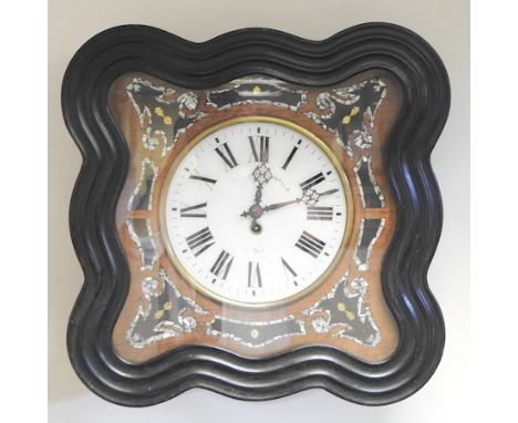A 19th century French ebonised wall clock, with mother of pearl inlay, 49cm