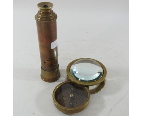 A reproduction navigating compass, together with a German telescope