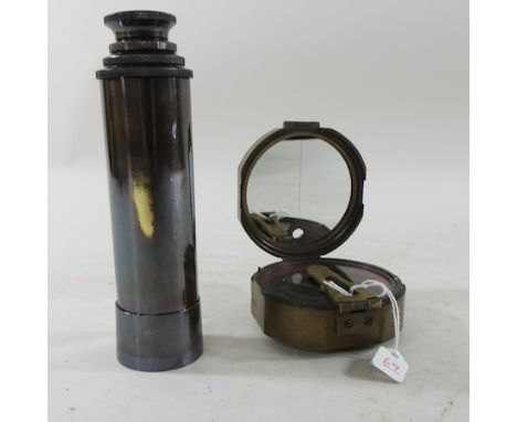 A reproduction brass cased compass, 9cm, together with a small telescope