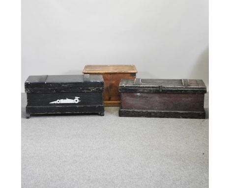 A boat maker's black painted tool chest, 93cm. together with two others smaller