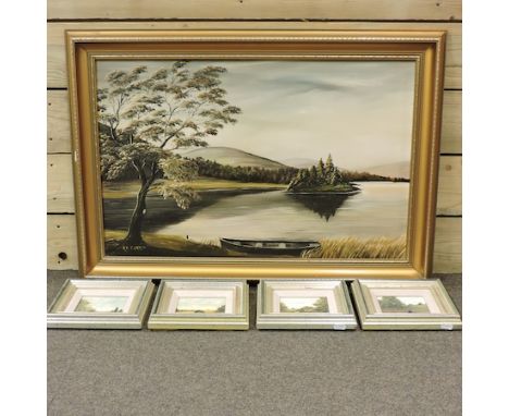 R F Carron, 20th century, Loch Lomond, oil on board, 48 x 74cm, together with a set of four miniature landscapes