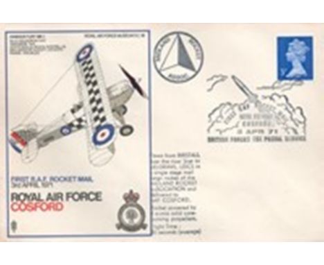 RAF Cosford First RAF Rocket mail 3rd April 1971 Unflown FDC SC19/10. Printers Colour Trials with Misplaced Flight Cachet int