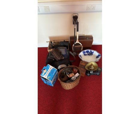 Mixed lot of vintage bags, including a brown leather Crown bag, a blue and grey fabric bag, and others in a wicker basket. Vi