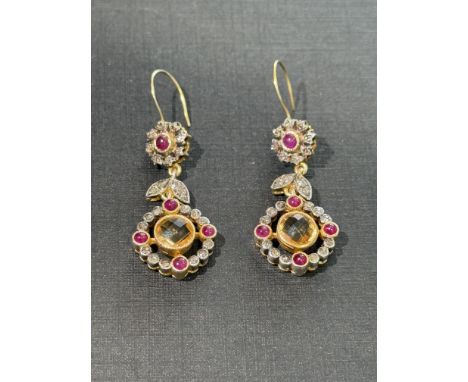 Pair of yellow metal diamond, ruby & citrine earrings Weight 5.3g