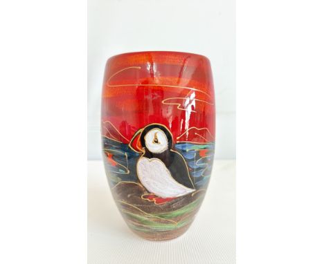 Anita Harris Hand-painted ceramic vase with puffin design, vibrant red and orange hues, and gold accents. Abstract landscape 