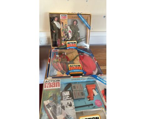 Three boxed Action Man sets: Soldier, Red Devil Parachutist 40th Anniversary, and Jungle Explorer.