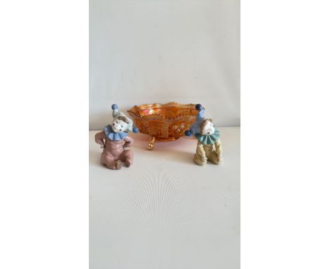 Nao by Lladro porcelain figurines made in Spain, 1988. Amber glass bowl with ornate detailing. Three items total.