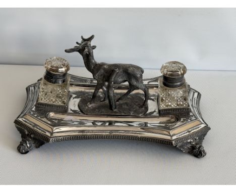Silver plate stag inkwell desk set 