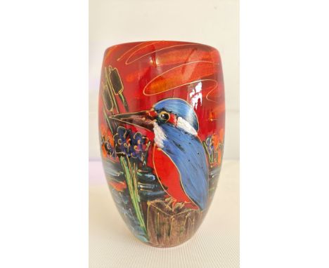 Anita Harris Ceramic vase, red with abstract gold lines, features a painted kingfisher on a stump with a floral background.