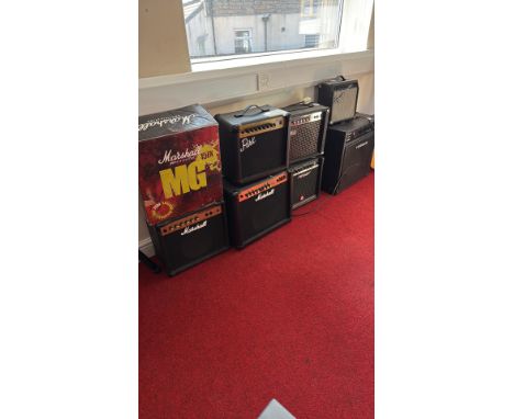 Squier Sidekick guitar amplifier, Torque TB80 bass amplifier, Peavey Rage 158 guitar amplifier. Mixed lot of three vintage am