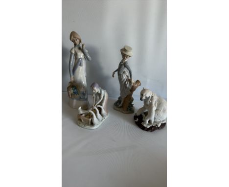 Four Lladro porcelain figurines, made in Spain. Depicting various scenes.