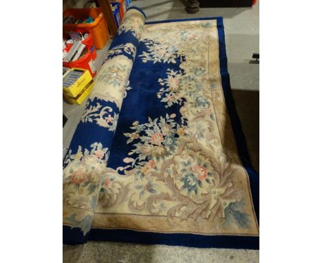 A Heavy Blue Ground Chinese Floral Patterned Carpet, Approx 12ft X 9ft
