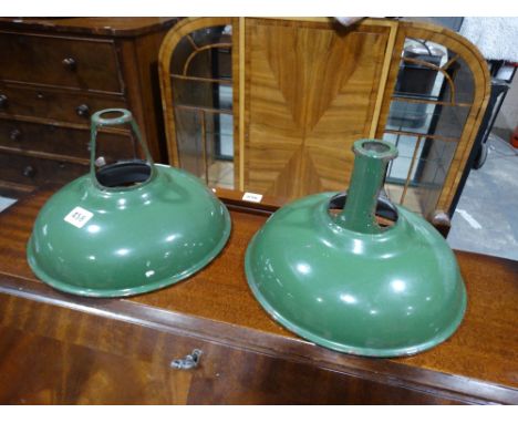     A Pair Of Industrial Style Green Enamel Finish Hanging Shades                   