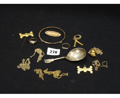     A Mixed Bag Of Yellow Metal Jewellery, Together With A Caddy Spoon              