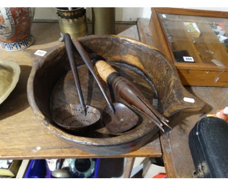     A Treen Bowl, Together With Two Ladle`s &amp; A "Cannibal Fork"                      