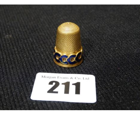 An Unmarked Gold &amp; Blue Enamel Thimble With Inscription &amp; Date For 1858, 6.8grm