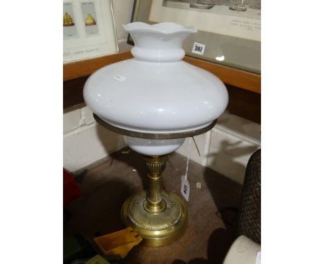     A Circular Based Brass Column Oil Lamp With Milk Glass Reservoir &amp; Shade         