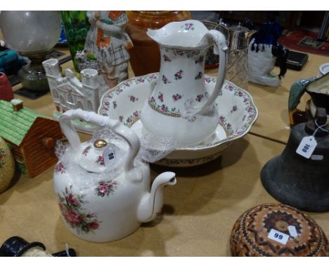     A Rose Transfer Decorated Pottery Wash Jug &amp; Basin, Together With An Ornamental Kettle                               