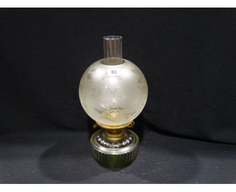     A Cut Glass Oil Lamp Reservoir &amp; Burner With Etched Glass Shade                 