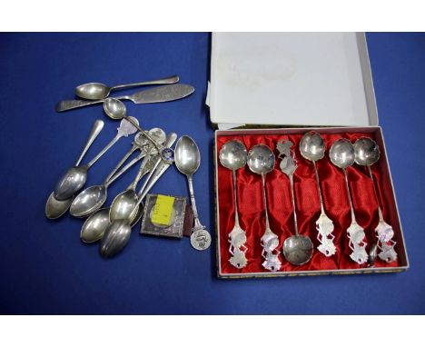 A silver jam knife; together with a set of six silver and enamel teaspoons and other items, 161g weighable.
