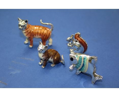 Four various Saturno sterling silver and enamel miniatures, comprising two cats, a fish and a squirrel.