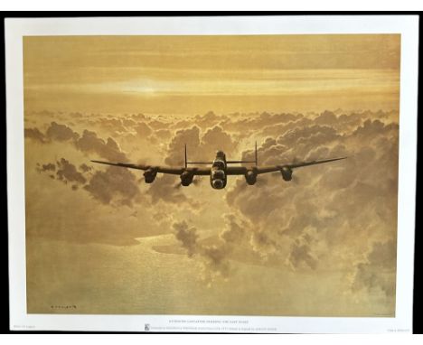 WW2 Colour Print Titled Outbound Lancaster Crossing the East Coast by Gerald Coulson. Measures 17x13 inches appx. Good condit