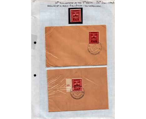  1943 Tenth Anniversary of the Third Riech with 30 1 1943 Wieu Swastikas postmark. On 54pf +96pf Brandenburg gate and Torchli