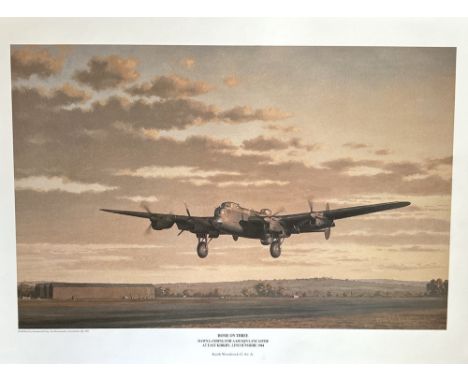 WW2 Colour Print Titled Home On Three Dawn Landing For A630 SQN Lancaster At east Kirby, Lincolnshire 1944 by Keith woodcock 