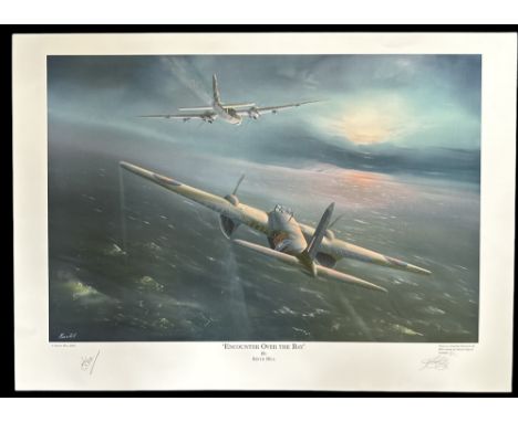 WW2 Colour Print Titled Encounter Over The Bay by Keith Hill. Signed by Keith Hill Artist and Wing Commander H. E. Tappin, DF