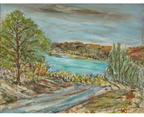 European School, 20th century- Landscape with a river and trees; oil on card, signed indistinctly lower right, 30.5 x 39.7 cm