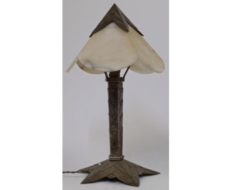 After a design by Albert Cheuret, a cast metal 'Cactus' style table lamp with alabaster shade, second half 20th century, bear