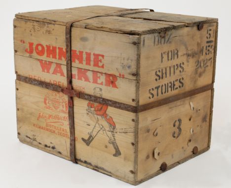 Johnnie Walker Red Label scotch whisky, released for sale in 1951, an unopened original wood crate with red and black printed