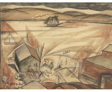 David Burliuk, Russian 1882-1967- Untitled (Harbour scene), 1925; pastel, charcoal, ink, and wash on paper, signed and dated 