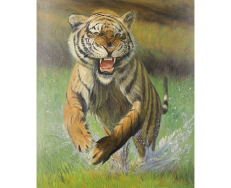 Martin Jarvis, British, late 20th/early 21st century- Portrait of an Indian tiger, 2002; oil on canvas, signed and dated 'Mar