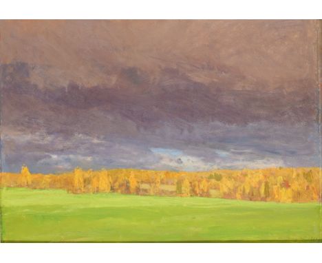 Russian School, mid-late 20th century - View over fields of the edge of a forest with a blue sky, 1983; oil on paper laid dow