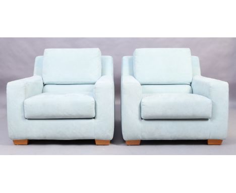 Busnelli, a pair of reclining armchairs, with turquoise velour upholstery, raised on block feet (2)Condition Report:  light s