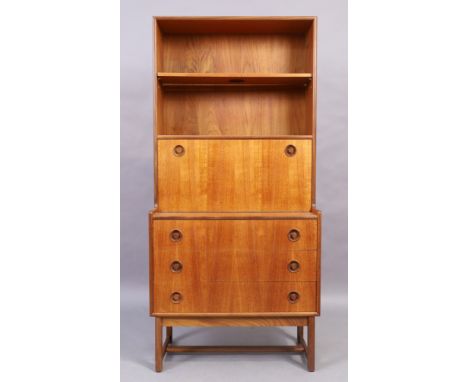A teak bureau bookcase, mid 20th century, with open shelves above fall front and three drawers, 162cm high, 76cm wide, 41cm d