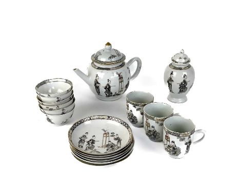 A fine Chinese export porcelain part tea service, 18th/19th century. Comprising a teapot, height 14cm, width 19.5cm, a caddy 